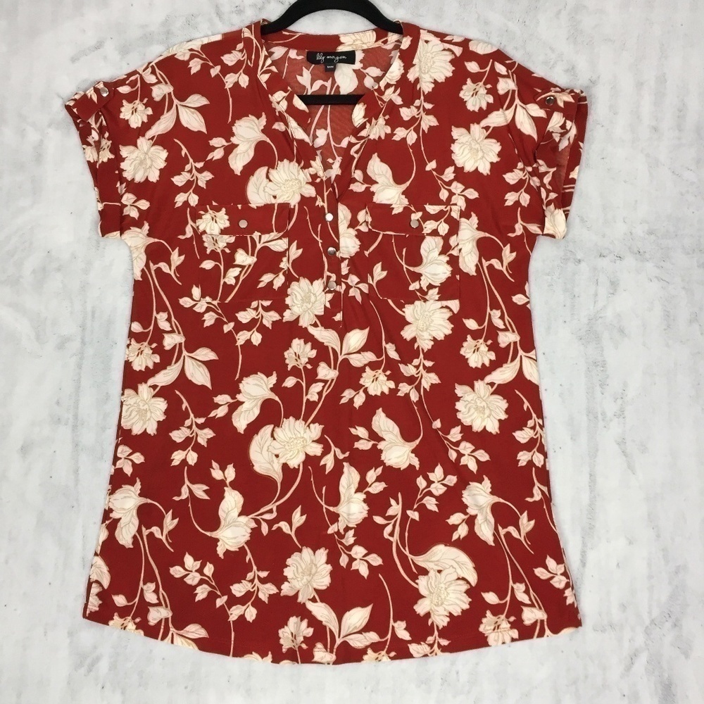 Lily Morgan Top Rust Floral Short Sleeve Sz Medium Satiny Flowy Fabric